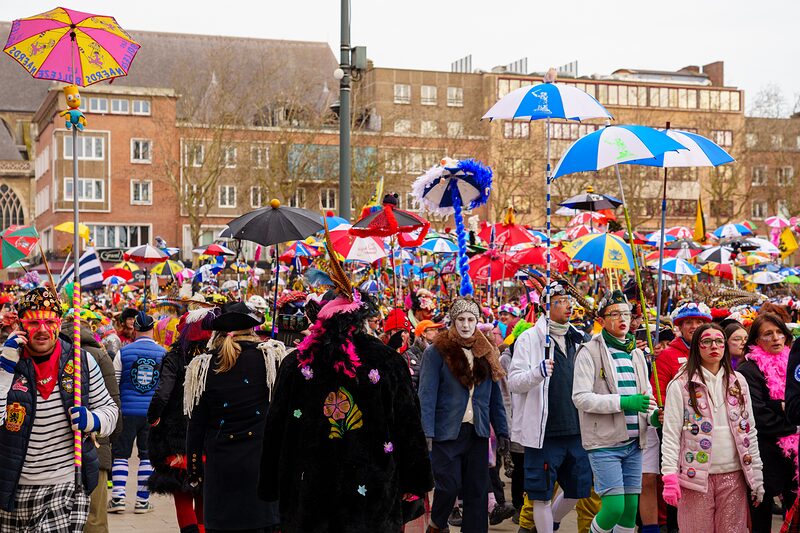 Groupe de carnavaleux grimés et colorés avec chapeaux à plumes et capes au Carnaval de Dunkerque.